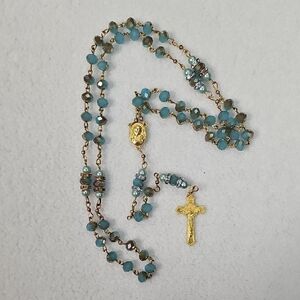 Handcrafted Teal Glass Bead Rosary Necklace with Gold Cross